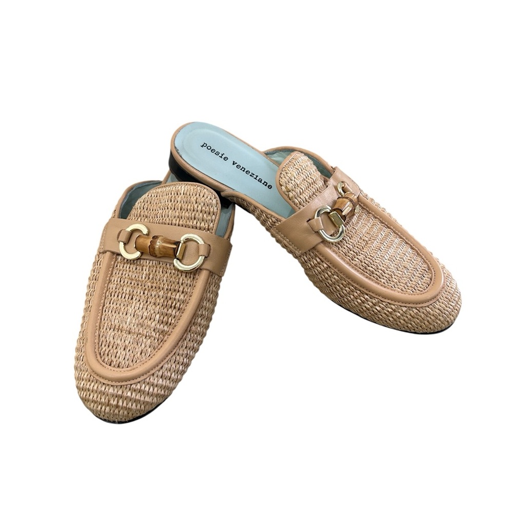 poesie veneziane tan Woven Mules Bamboo gold horsebit buckle leather sole EU38 - Picture 3 of 9
